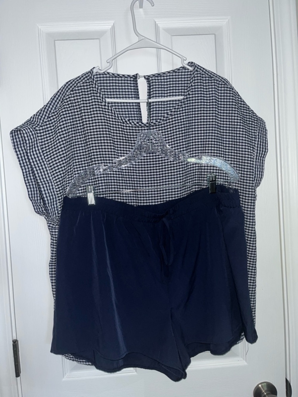 Navy Blue Drawstring Shorts with Blue & White Gingham Top - 2pc set